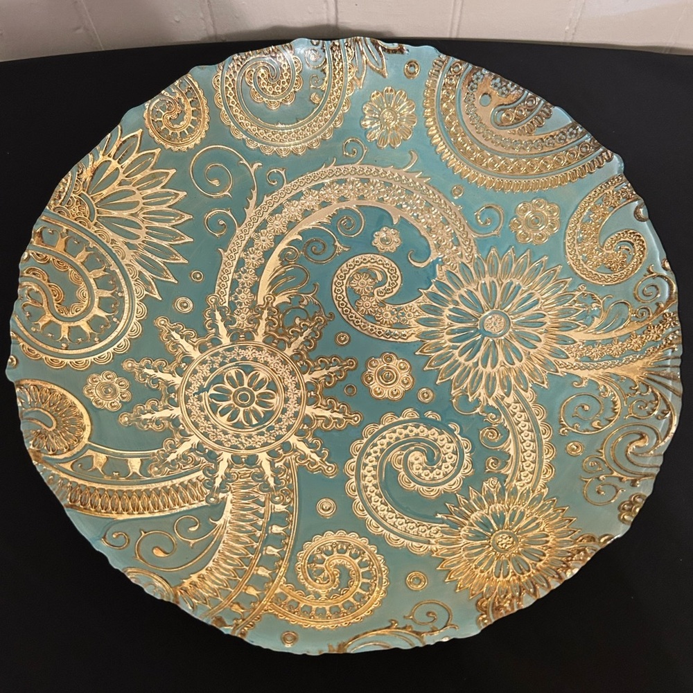 Akcam Turkish Handpainted 13” Gold And Teal Serving Bowl